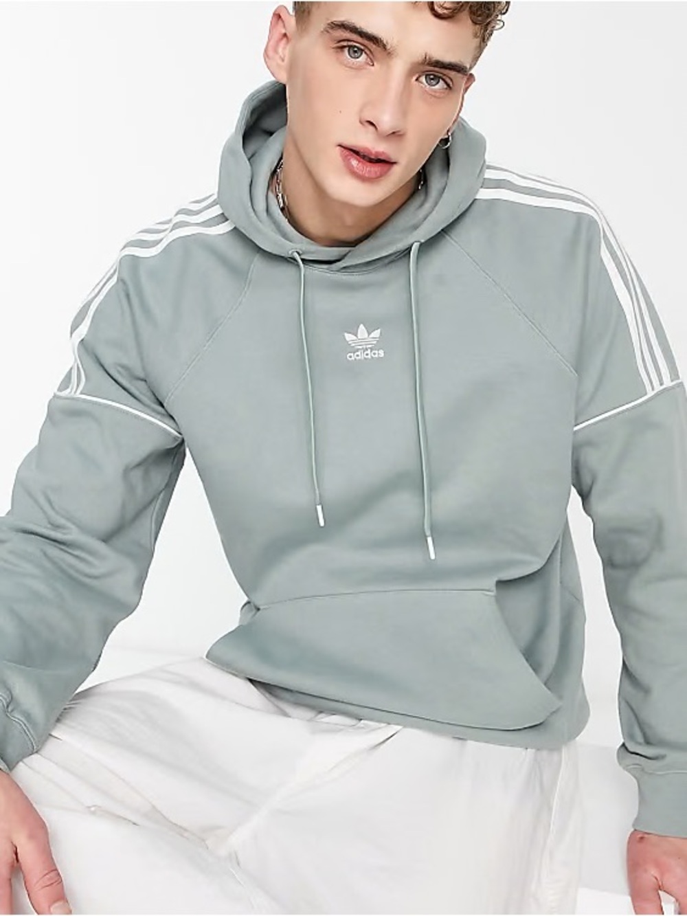 adidas Sage Green Trefoil Pullover Hoodie with White Stripes